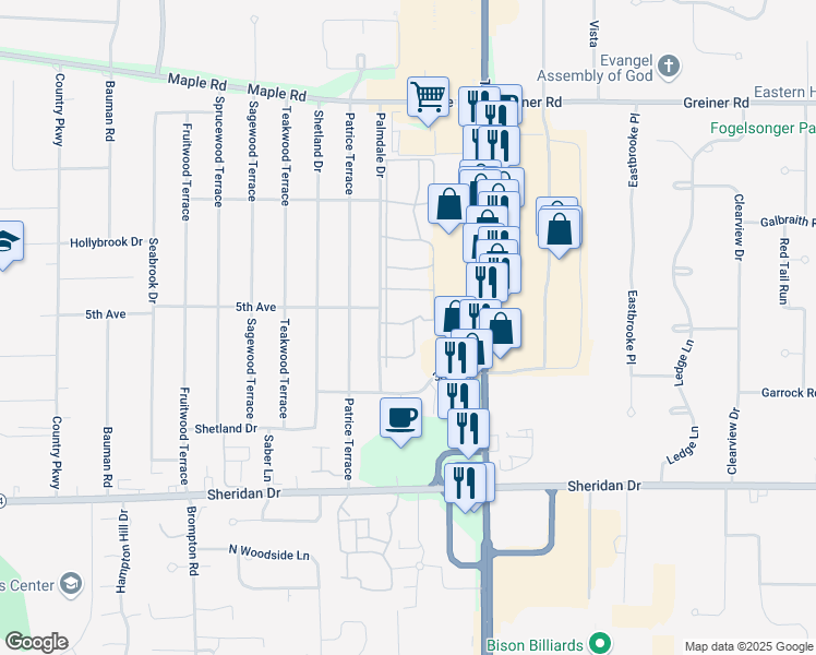 map of restaurants, bars, coffee shops, grocery stores, and more near 132 Harrogate Square in Buffalo