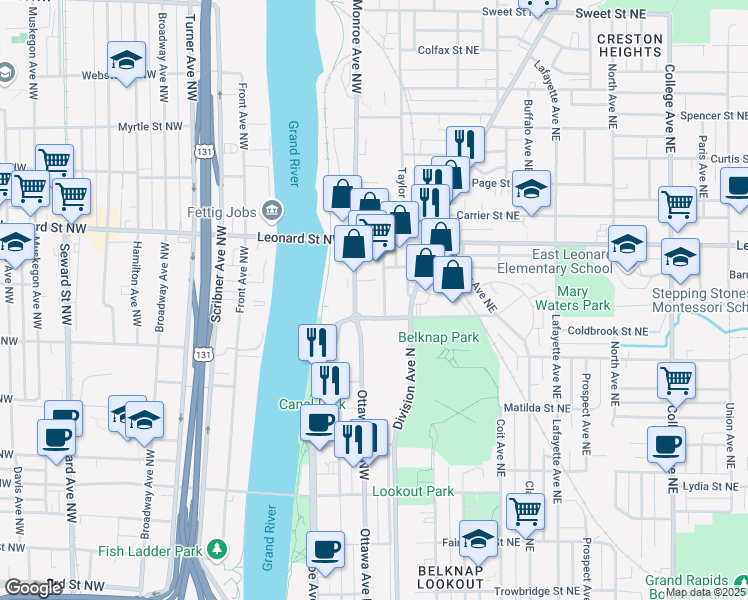 map of restaurants, bars, coffee shops, grocery stores, and more near 1120 Monroe Avenue Northwest in Grand Rapids
