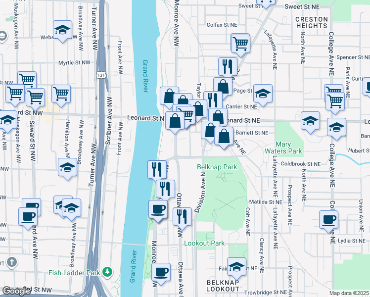 map of restaurants, bars, coffee shops, grocery stores, and more near 1120 Monroe Avenue Northwest in Grand Rapids