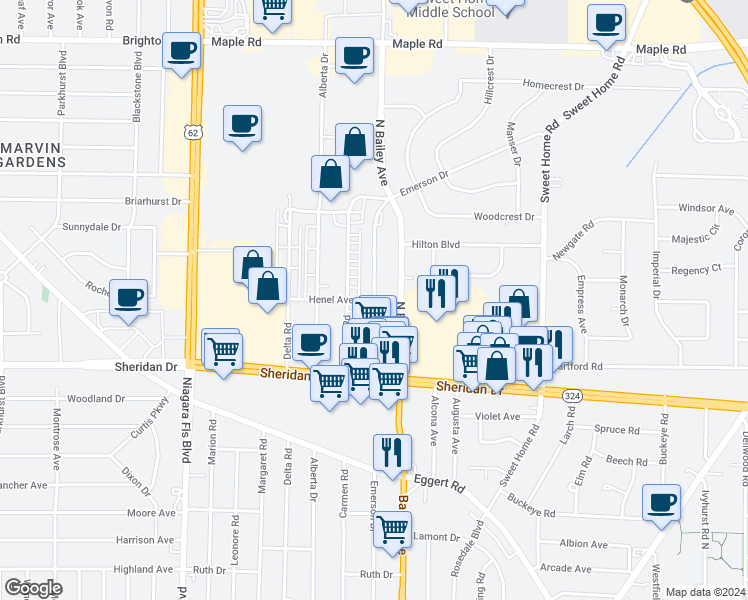 map of restaurants, bars, coffee shops, grocery stores, and more near 65 Henel Avenue in Buffalo