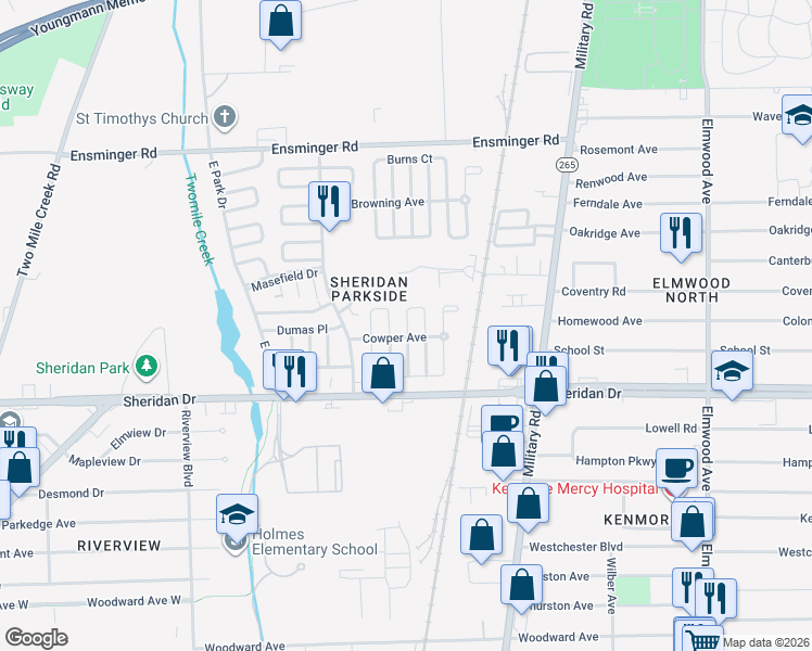 map of restaurants, bars, coffee shops, grocery stores, and more near 76 Crowell Court in Tonawanda