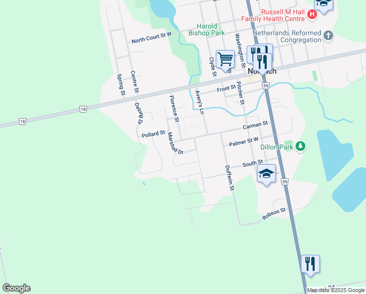 map of restaurants, bars, coffee shops, grocery stores, and more near 5 Marshall Drive in Norwich