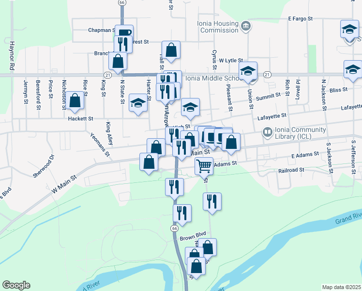 map of restaurants, bars, coffee shops, grocery stores, and more near 434 West Main Street in Ionia