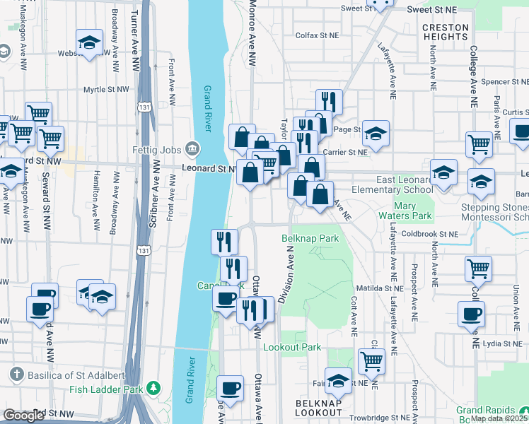 map of restaurants, bars, coffee shops, grocery stores, and more near 45 Coldbrook Street Northwest in Grand Rapids
