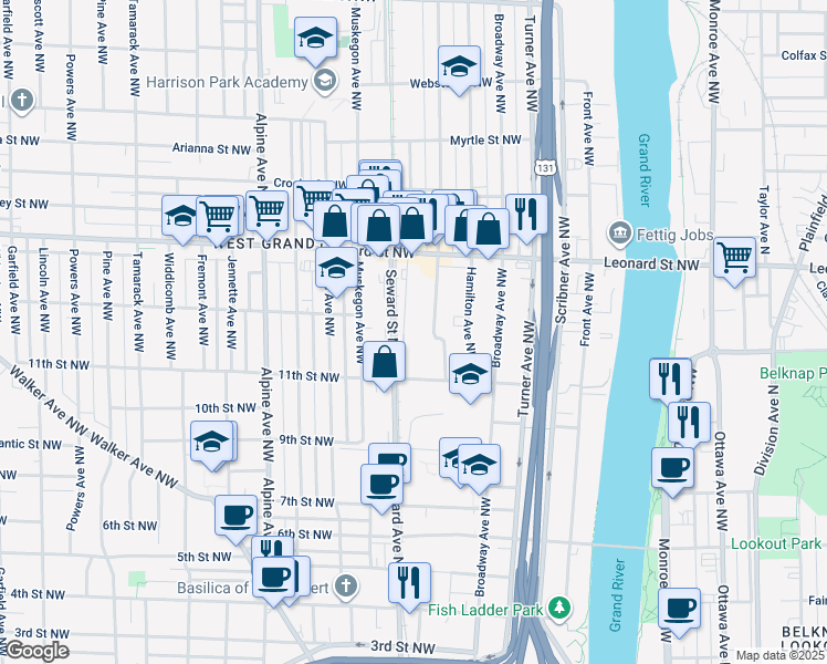 map of restaurants, bars, coffee shops, grocery stores, and more near 567 11th Street Northwest in Grand Rapids