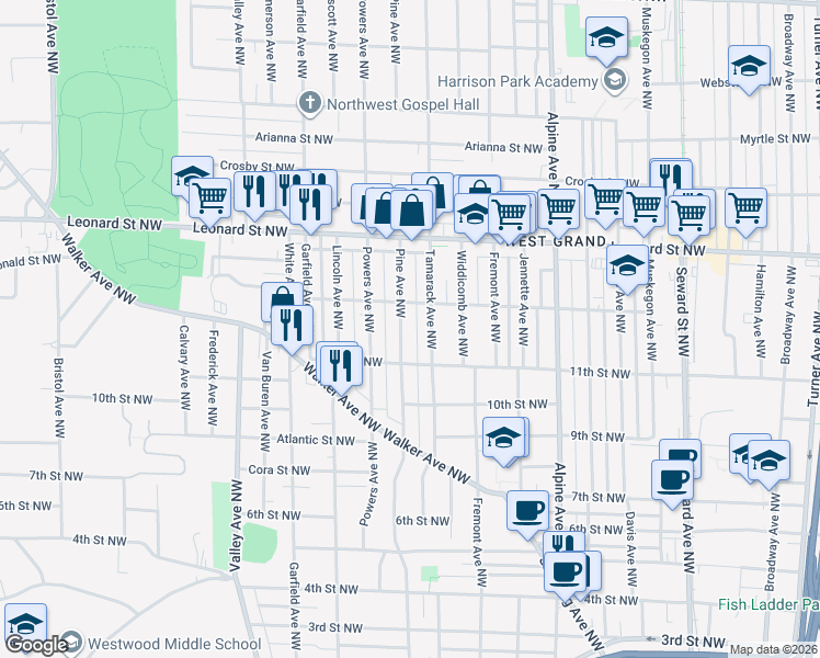 map of restaurants, bars, coffee shops, grocery stores, and more near 1018 Pine Avenue Northwest in Grand Rapids