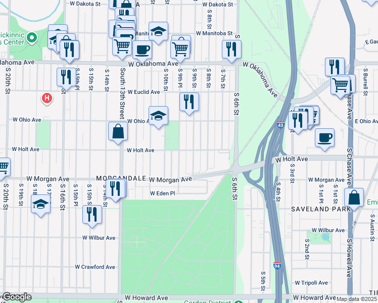 map of restaurants, bars, coffee shops, grocery stores, and more near 3416 South 9th Street in Milwaukee