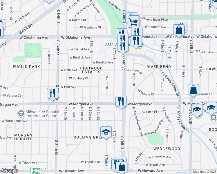map of restaurants, bars, coffee shops, grocery stores, and more near 3415 South 77th Street in Milwaukee