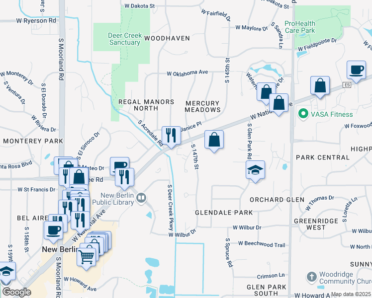 map of restaurants, bars, coffee shops, grocery stores, and more near 14775 West National Avenue in New Berlin