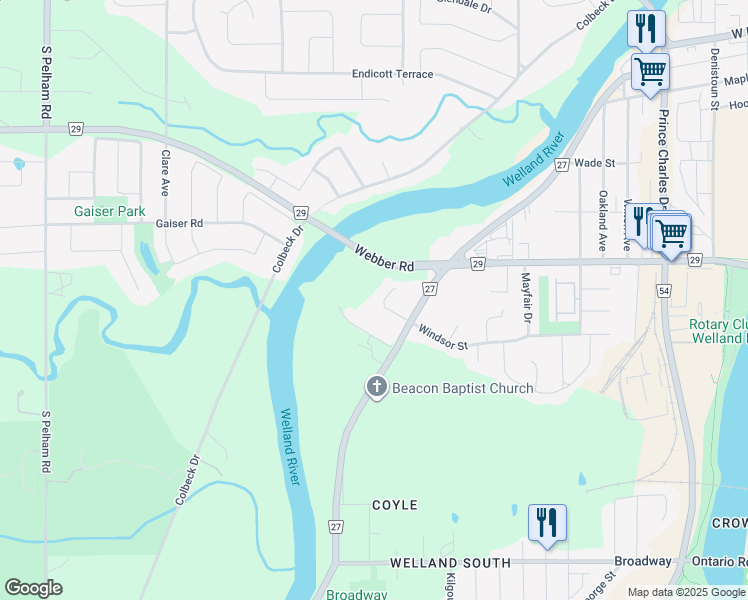 map of restaurants, bars, coffee shops, grocery stores, and more near 89 Michelle Court in Welland