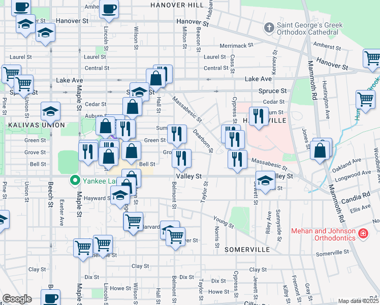 map of restaurants, bars, coffee shops, grocery stores, and more near 759 Grove St in Manchester