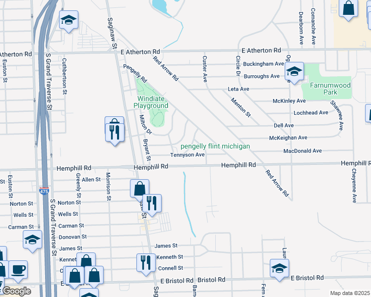 map of restaurants, bars, coffee shops, grocery stores, and more near 329 Bede Street in Flint