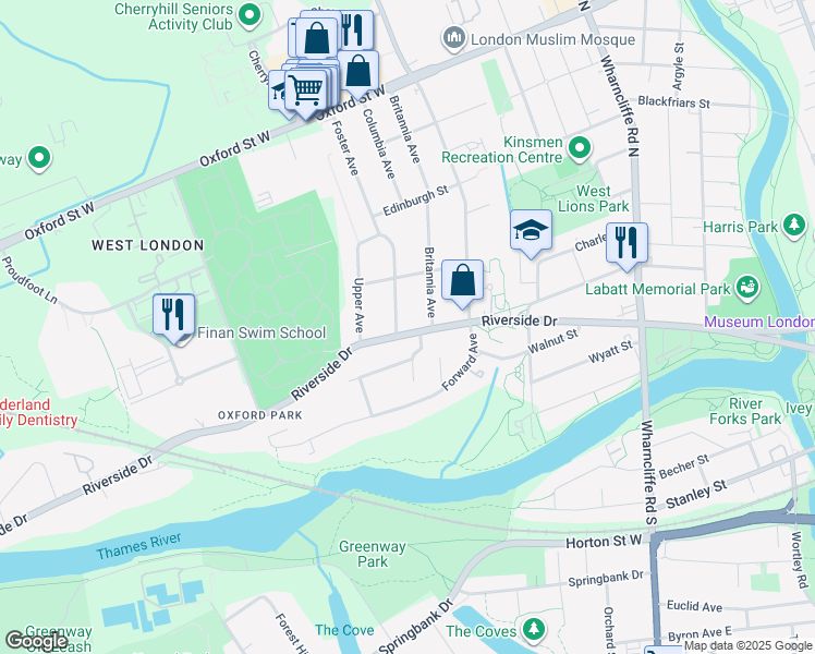 map of restaurants, bars, coffee shops, grocery stores, and more near 265 Riverside Drive in London