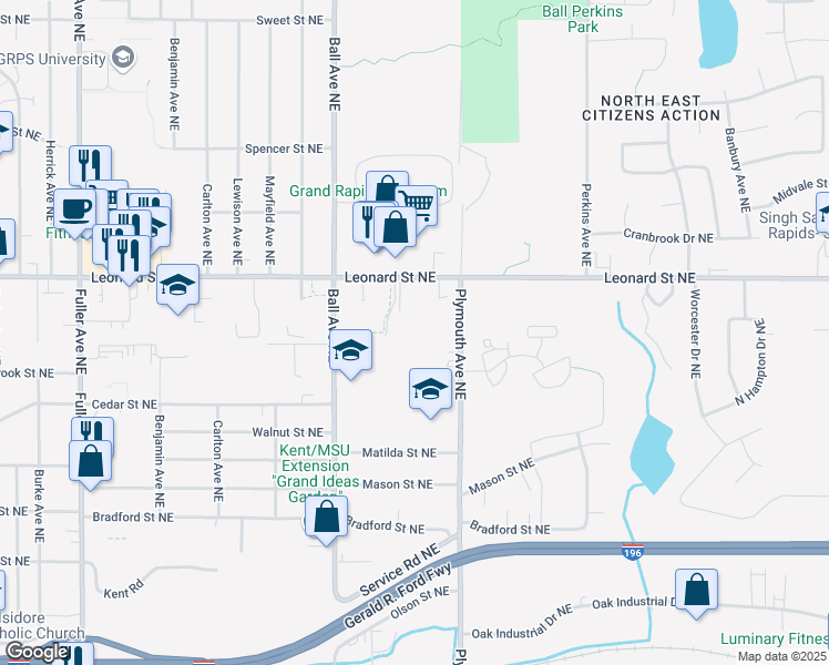 map of restaurants, bars, coffee shops, grocery stores, and more near 1700 Leonard Street Northeast in Grand Rapids