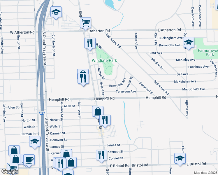 map of restaurants, bars, coffee shops, grocery stores, and more near 224 Browning Avenue in Flint