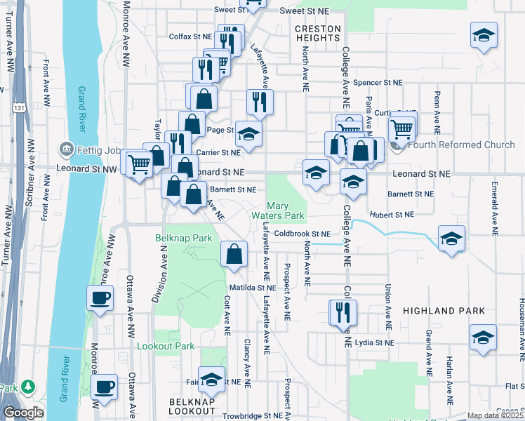 map of restaurants, bars, coffee shops, grocery stores, and more near 1069 Lafayette Avenue Northeast in Grand Rapids