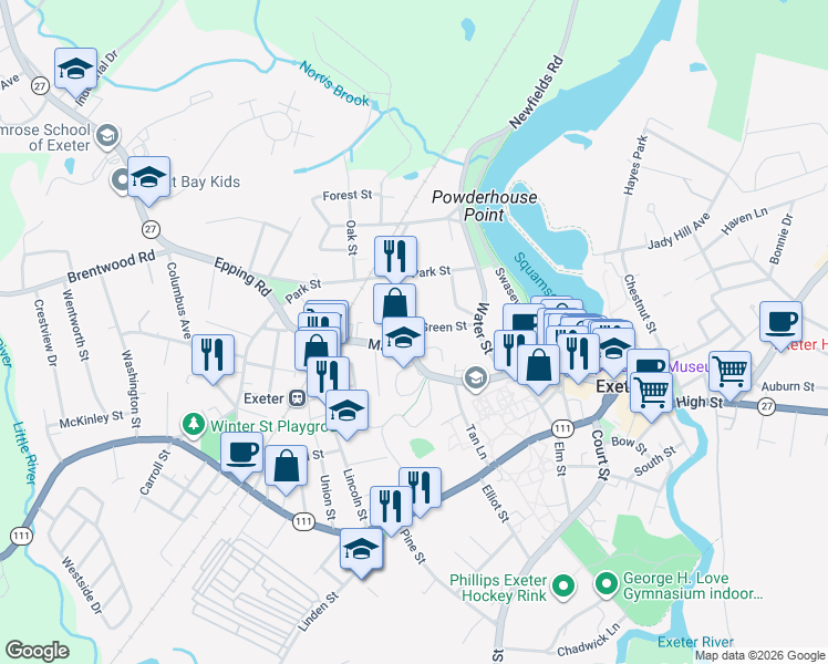 map of restaurants, bars, coffee shops, grocery stores, and more near 49 Main Street in Exeter