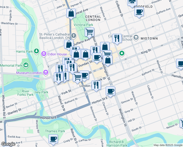 map of restaurants, bars, coffee shops, grocery stores, and more near in London