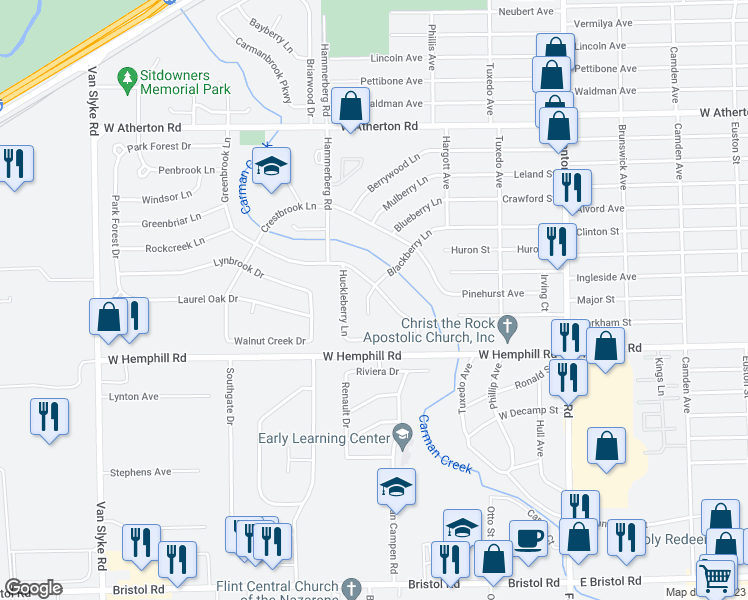 map of restaurants, bars, coffee shops, grocery stores, and more near 1609 Blackberry Lane in Flint