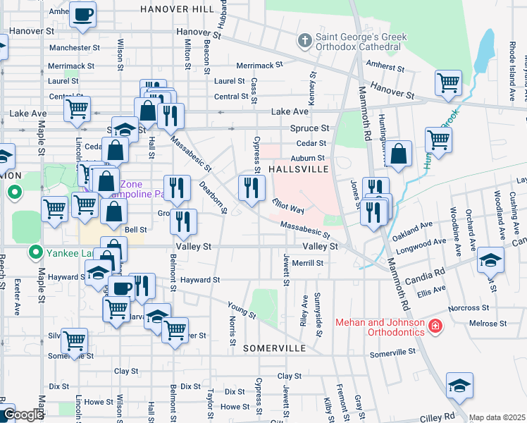 map of restaurants, bars, coffee shops, grocery stores, and more near 400 Massabesic Street in Manchester