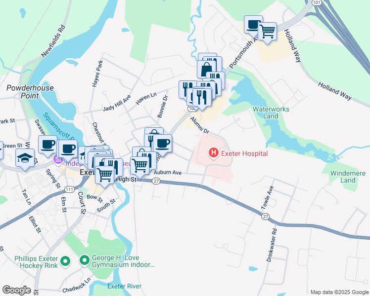 map of restaurants, bars, coffee shops, grocery stores, and more near 22 Prospect Street in Exeter