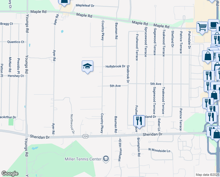 map of restaurants, bars, coffee shops, grocery stores, and more near 182 Bauman Road in Buffalo