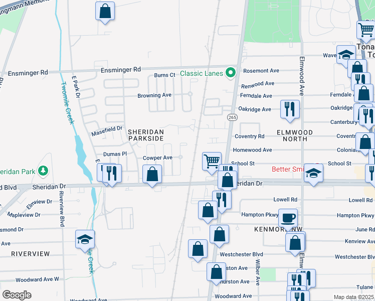 map of restaurants, bars, coffee shops, grocery stores, and more near 11-15 Cowper Avenue in Tonawanda
