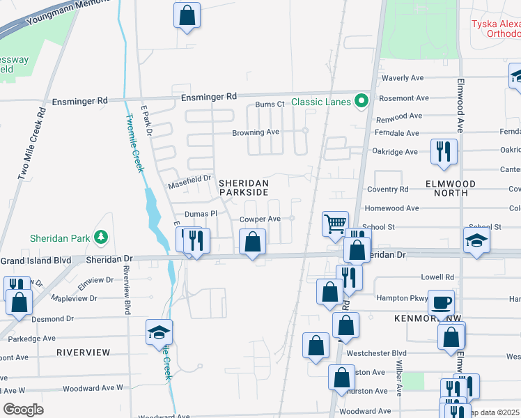 map of restaurants, bars, coffee shops, grocery stores, and more near 76 Crowell Court in Tonawanda