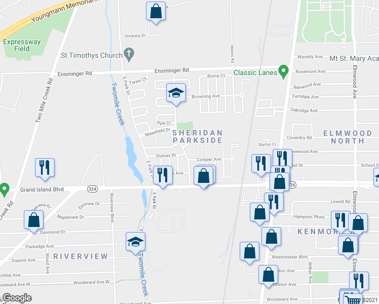 map of restaurants, bars, coffee shops, grocery stores, and more near 61-63 Sheridan Parkside Drive in Tonawanda