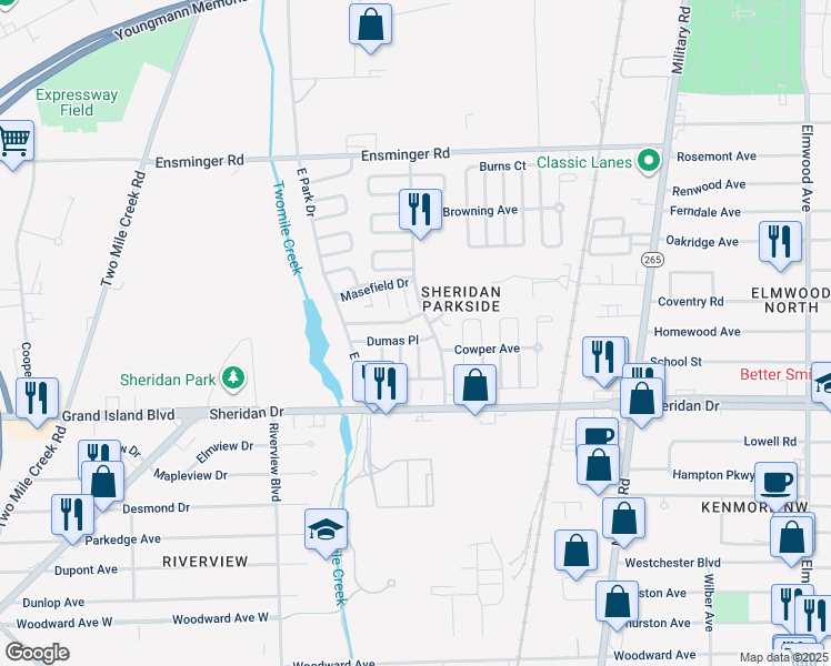 map of restaurants, bars, coffee shops, grocery stores, and more near 53-63 Dumas Place in Tonawanda