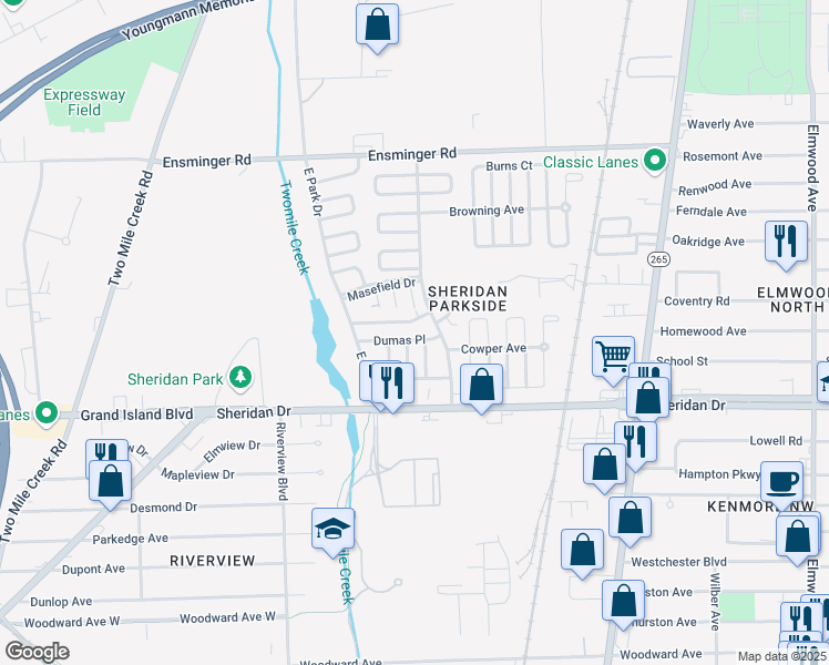 map of restaurants, bars, coffee shops, grocery stores, and more near 53-63 Dumas Place in Tonawanda
