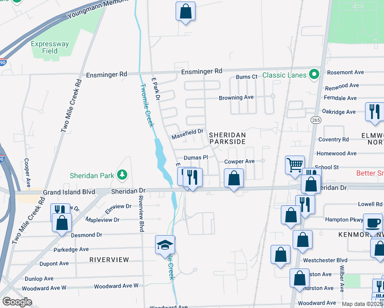 map of restaurants, bars, coffee shops, grocery stores, and more near 15-25 Dumas Place in Tonawanda