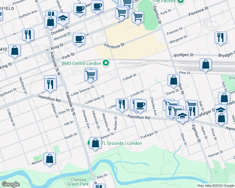 map of restaurants, bars, coffee shops, grocery stores, and more near 786 Little Hill Street in London