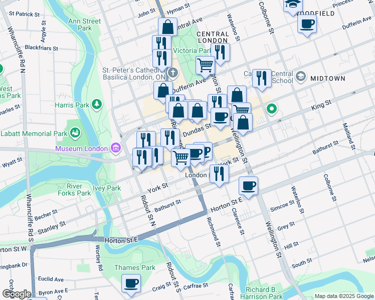 map of restaurants, bars, coffee shops, grocery stores, and more near in London