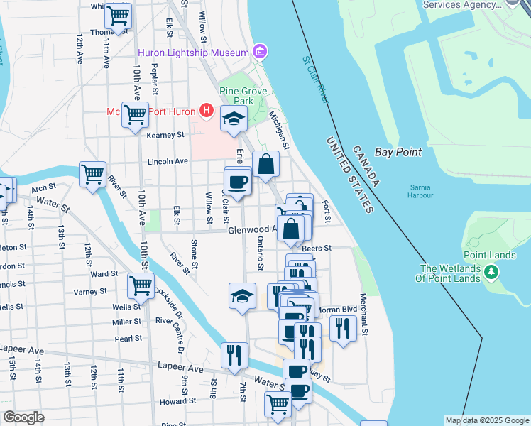 map of restaurants, bars, coffee shops, grocery stores, and more near 801 Ontario Street in Port Huron