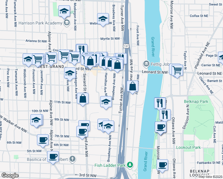 map of restaurants, bars, coffee shops, grocery stores, and more near 1040 Hamilton Avenue Northwest in Grand Rapids