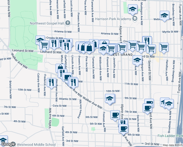 map of restaurants, bars, coffee shops, grocery stores, and more near 1018 Pine Avenue Northwest in Grand Rapids
