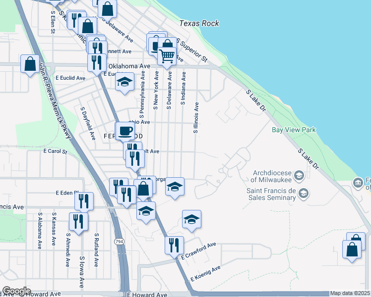 map of restaurants, bars, coffee shops, grocery stores, and more near 3405 South Indiana Avenue in Milwaukee