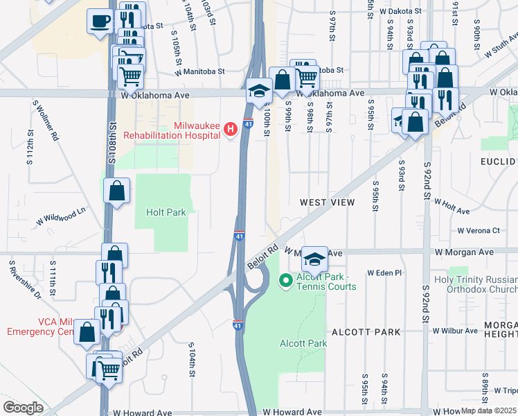 map of restaurants, bars, coffee shops, grocery stores, and more near 3401 South 100th Street in Milwaukee