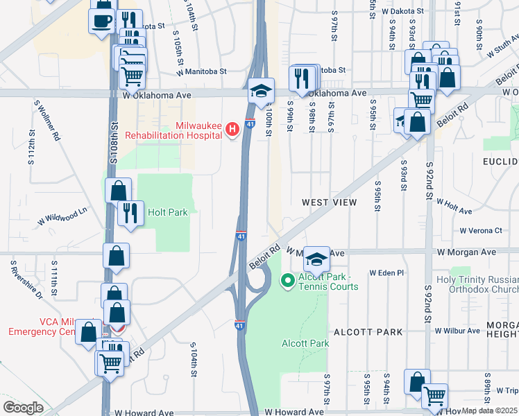 map of restaurants, bars, coffee shops, grocery stores, and more near 3401 South 100th Street in Milwaukee