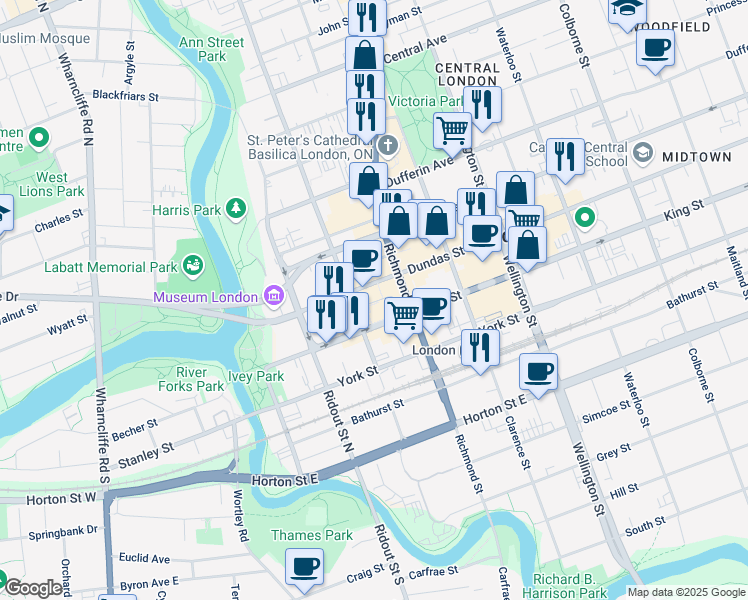 map of restaurants, bars, coffee shops, grocery stores, and more near 34 Covent Market Place in London