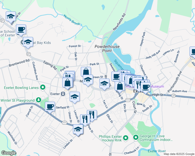 map of restaurants, bars, coffee shops, grocery stores, and more near 17 Green Street in Exeter