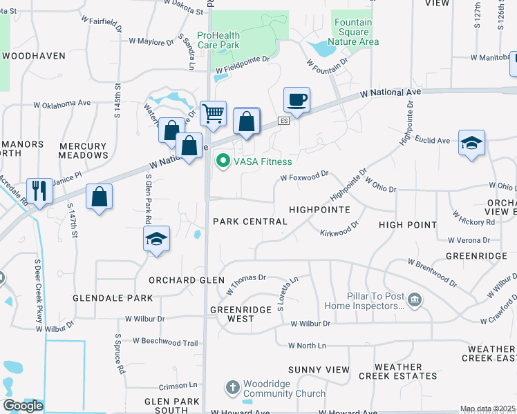 map of restaurants, bars, coffee shops, grocery stores, and more near 13745 West Park Central Boulevard in New Berlin