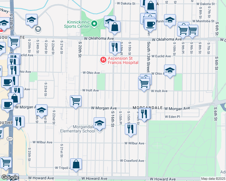map of restaurants, bars, coffee shops, grocery stores, and more near South 16th Street in Milwaukee