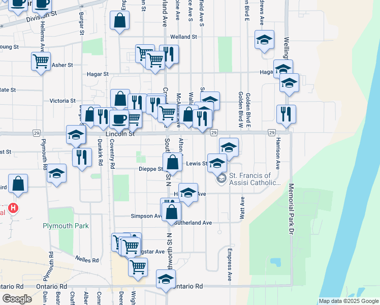 map of restaurants, bars, coffee shops, grocery stores, and more near 26 Balmoral Avenue in Welland
