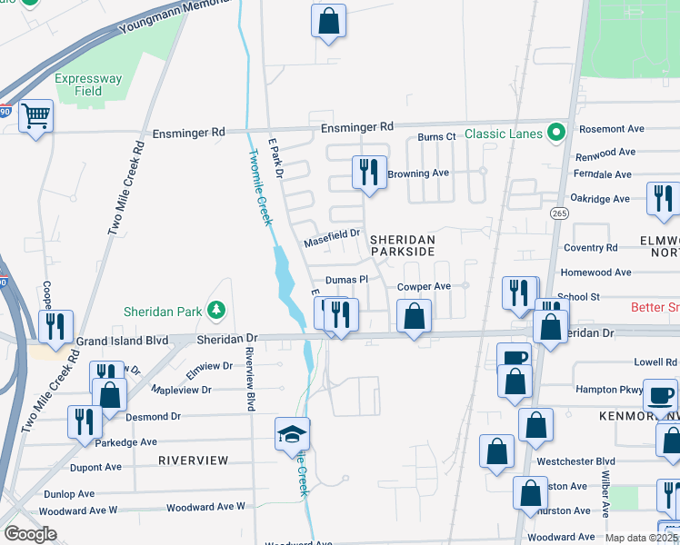 map of restaurants, bars, coffee shops, grocery stores, and more near 15-25 Dumas Place in Tonawanda