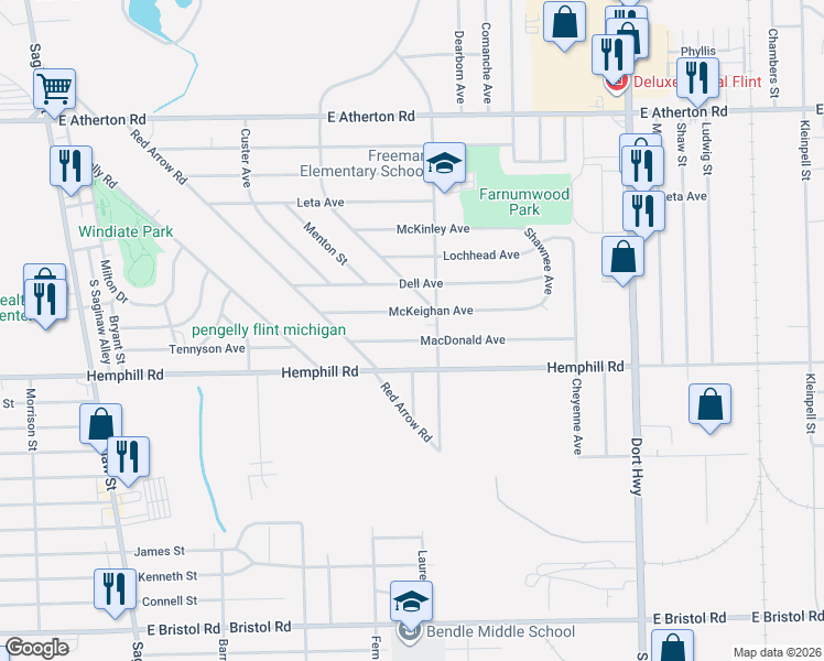 map of restaurants, bars, coffee shops, grocery stores, and more near 617 Macdonald Avenue in Flint