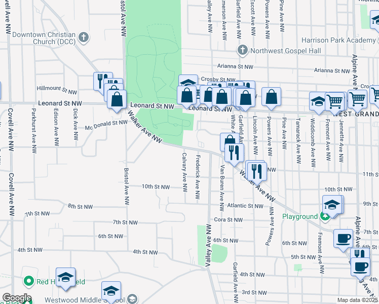 map of restaurants, bars, coffee shops, grocery stores, and more near 1012 Calvary Avenue Northwest in Grand Rapids