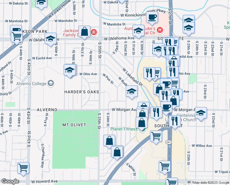 map of restaurants, bars, coffee shops, grocery stores, and more near 3442 South 33rd Street in Milwaukee