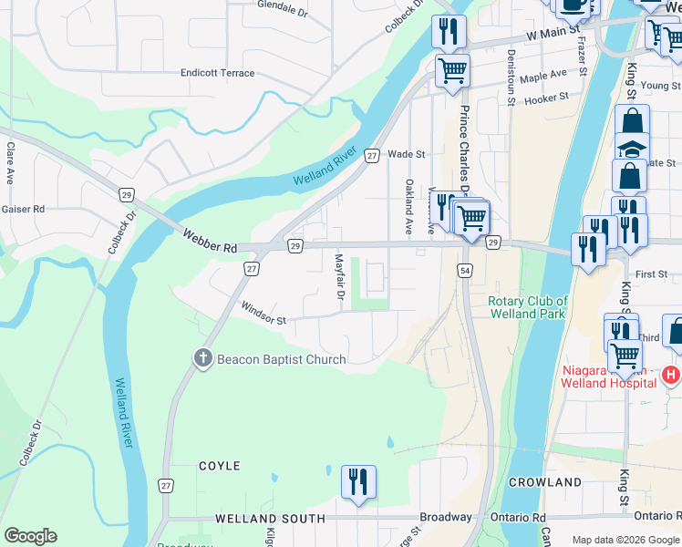 map of restaurants, bars, coffee shops, grocery stores, and more near Mayfair Drive in Welland